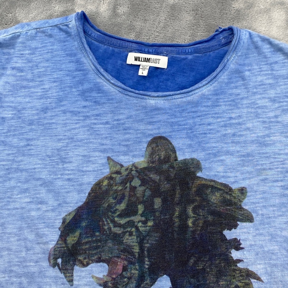 William Rast Blue Tiger Graphic Slub Knit Tee Short Sleeve High Low Hem Large